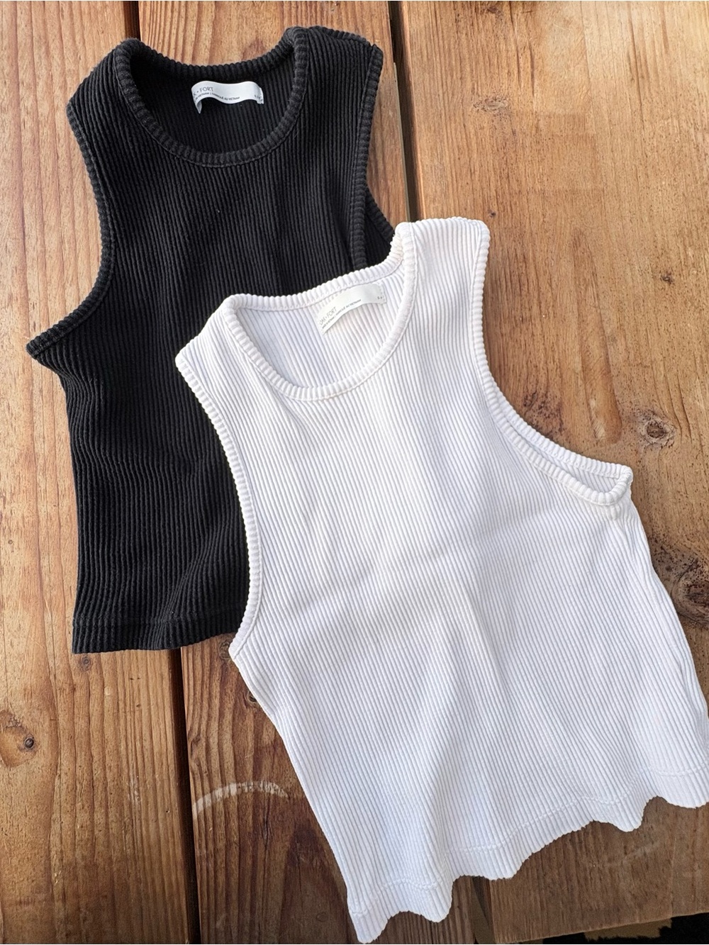 OAK + FORT Ribbed Scoop Tank Top — Black & White